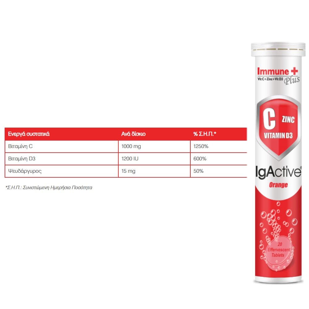 IgActive Immune Plus Vit C & D3 & Zn 20 Αναβράζοντα Δισκία